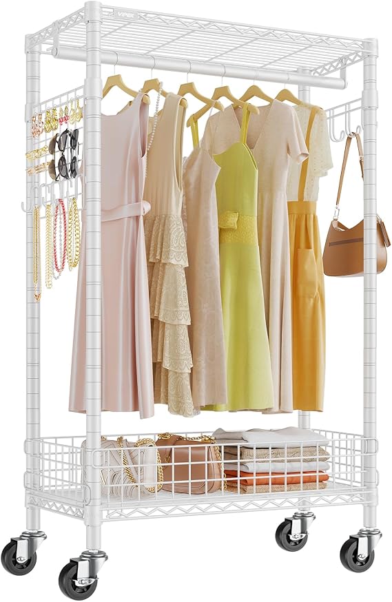 VIPEK Rolling Clothes Rack with Pegboard Organizer Portable Closet for Hanging Clothes with Lockable Wheels & Removable Basket, Compact Clothing Rack for Small Spaces Apartments/Bedroom, White