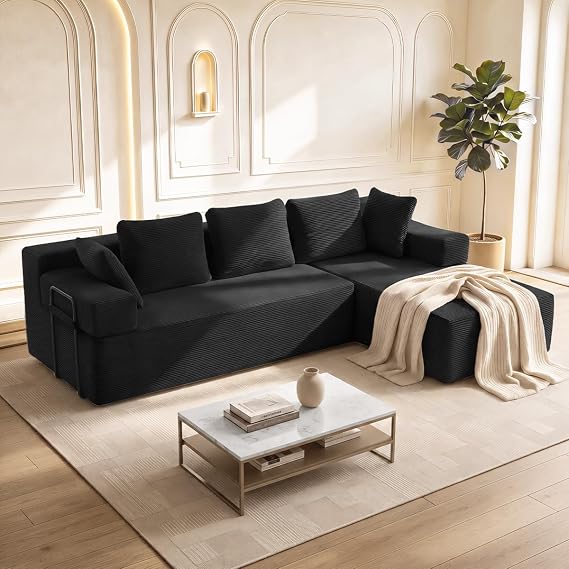 ROXGOX Boneless Cloud Couch, L-Shaped Modular Sectional Sofa, Boneless Sofas for Living Room, Left/Right Hand Chaise Lounge Sofa, No Assembly Required (Black)