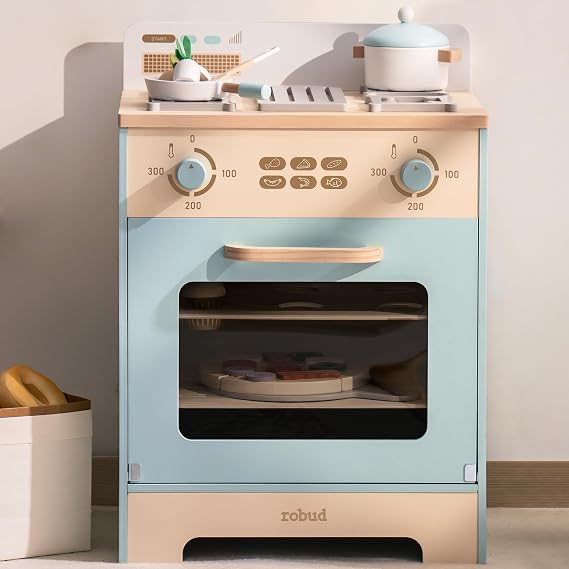 ROBUD Wooden Kids Oven, Realistic Wooden Play Kitchen Set, Pretend Play Kitchen Accessories Toy Kitchen Set with Cupcake, Pizza and Tray - Best Gift for Boys & Girls, Ages 3+