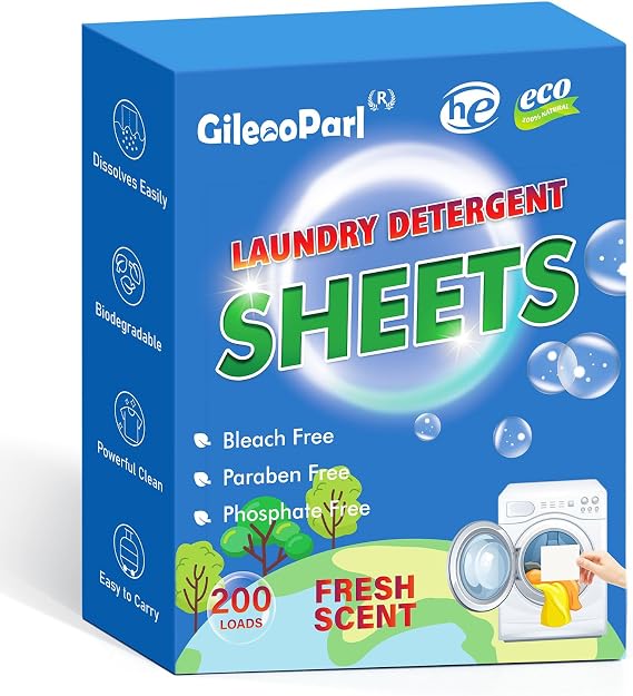 200-loads Eco Laundry Detergent Sheets - Fresh Scent - for Home/Travel/Apartment/Dorm - Gileooparl Plastic Free Liquidless Laundry Detergent Strips - 200 Count