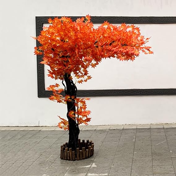 Tall Artificial Plant Indoor Artificial Maple Tree, Red Maple Tree, Simulation Dwarf Red Japanese Maple Tree,Realistic Fake Plant With Fence,for Home House Office Garden Decoration(3.5x3.5m/11.5x11.5f