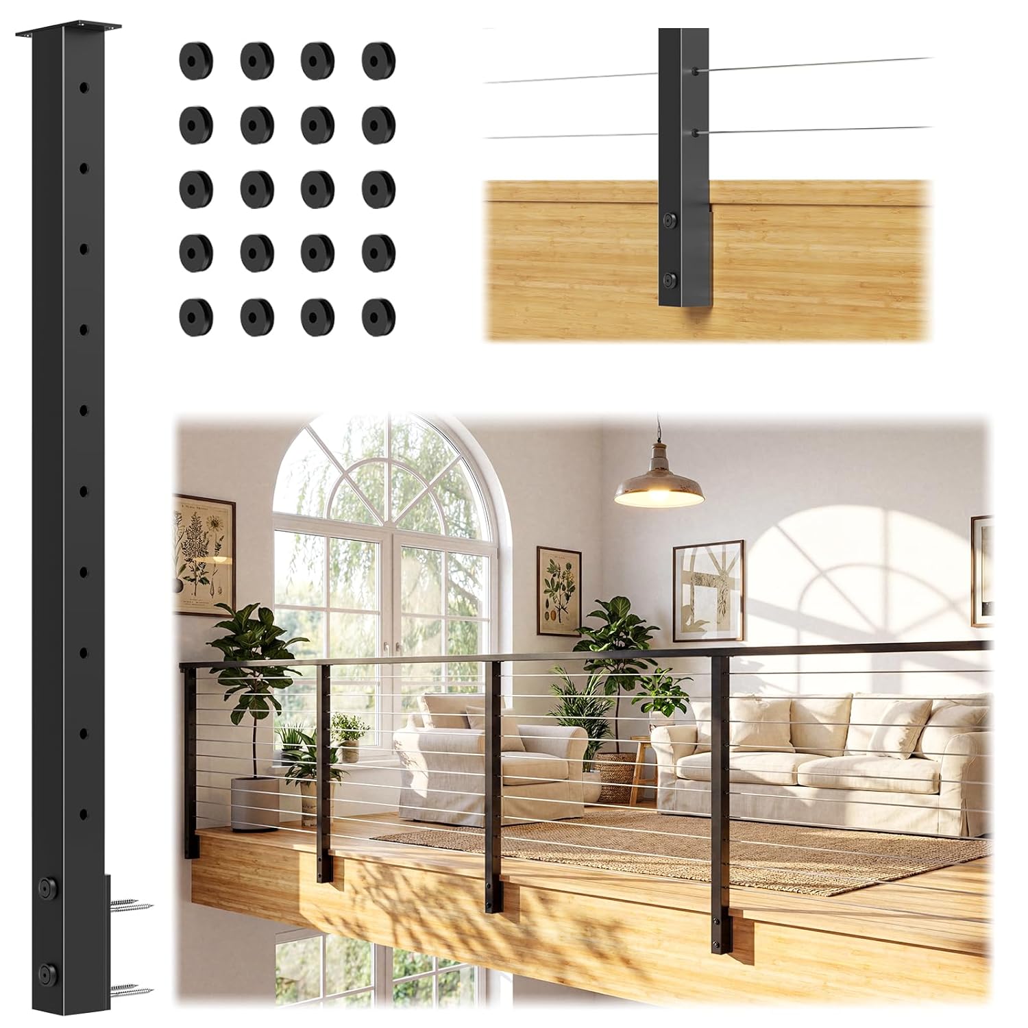 36" Side Mount Cable Railing Post, Level Drilled Space-Saving Side Mount Post System, Stainless Steel T304 Fascia Mount Handrail Post, Heavy-Duty Cable Railing Kit Indoor Outdoor Deck Post