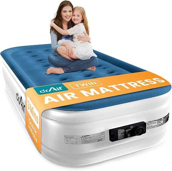Dr. air Twin Air Mattress with Built-in Pump, 18" Raised Blow Up Mattress, 500 lbs Max Honeycomb Air Bed, 48Hr Leak-Proof Test, 3min Inflatable Mattress for Home, Guests, Camping, Colchones inflables