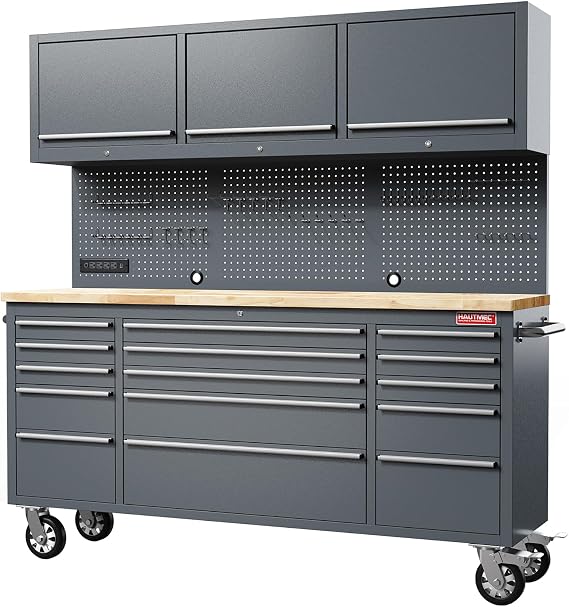 HAUTMEC 72" Rolling Tool Chest with 15 Lockable Drawers & 3 Upper Cabinets, Heavy-Duty 16-Gauge Steel Garage Workbench with Solid Oak Top, ETL Power Strip, Pegboard & 51 Hooks (HT0428)