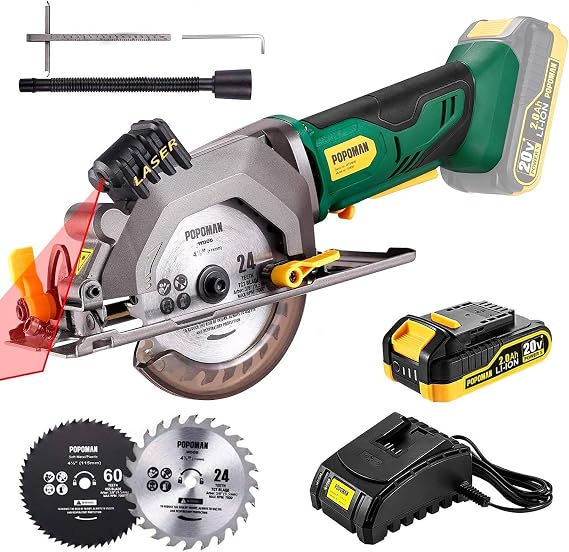 Cordless Circular Saw, 4-1/2" Saw with Laser Guide, 20V 2.0Ah Battery, 1H Charger, 9.5" Base Plate, Max Cutting Depth 1-11/16'' (90), 1-1/8'' (45), Wood, Plastic and Metal Cuts - MTW80B