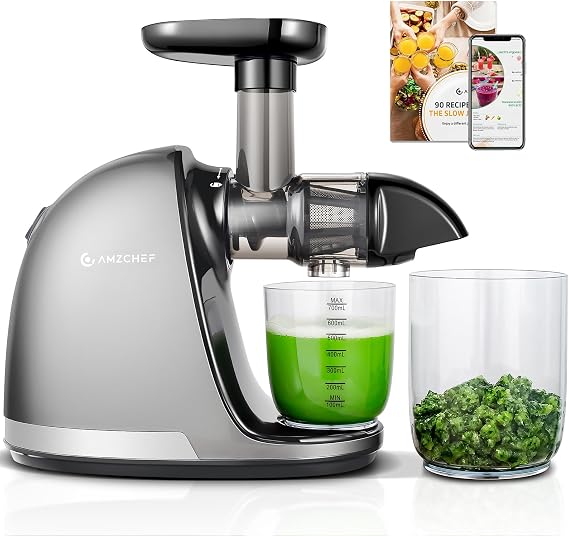 AMZCHEF Juicer Machines - Cold Press Slow Juicer - Masticating Juicer for Whole Fruits and Vegetables - Delicate Chew No Need to Filter - BPA Free Juice Extractor with 2 Cups and Brush - Grey [Energy Class A+++]
