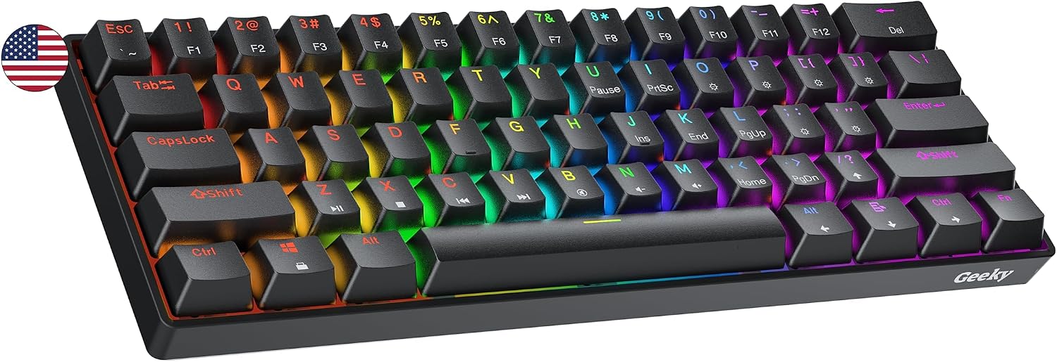 Geeky GK61 60% | Hot Swappable Mechanical Gaming Keyboard | 61 Keys Multi Color RGB LED Backlit for PCMac Gamer | ANSI US American Layout Black, Mechanical Brown