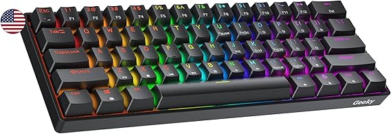 Geeky GK61 60% | Hot Swappable Mechanical Gaming Keyboard | 61 Keys Multicolor RGB LED Backlight for PC/Mac Gamers | ANSI US American Layout Black, Mechanical Speed Silver