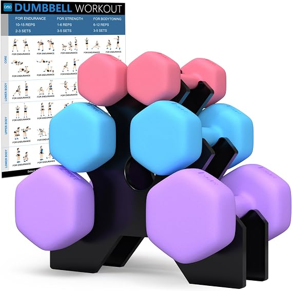 Hex Dumbbells Set with Rack,1KG 2KG 3KG Hand Weights Dumbbell Pair for Women Men,12KG Anti-Roll Hex Design for Home Gym Strength Training Fitness Equipment