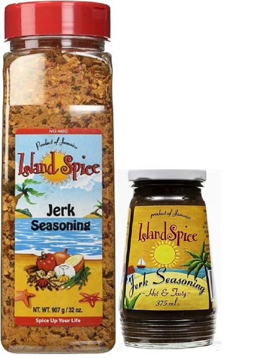Island Spice Jamaican Jerk Seasoning Bundle: Jerk Seasoning 32oz Restaurant Size, Jerk Seasoning Marinade Hot & Tasty 12oz