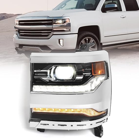 FIONE Full LED Headlight Assembly Compatible with Chevy Silverado 1500 2016 2017 2018/2019 Silverado 1500 LD Clear Lens Chrome Housing W/LED DRL Projector Headlamp Left Driver Side 84292720 GM2502452