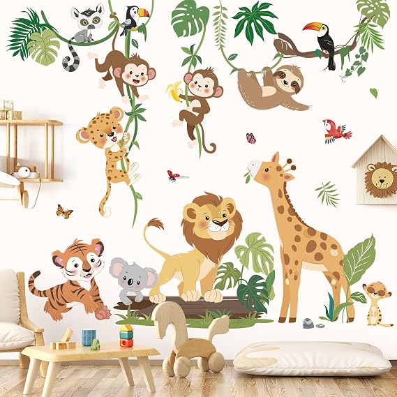 decalmile Wall Sticker Jungle Animals Vines Wall Sticker Safari Animals