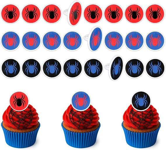 24pcs Spider Cupcake Rings, Spider Themed Birthday Party Decorations Cartoon Cupcake Topper Birthday Cake Decorations for Boys Kids Party Favors Classroom Rewards (Red, Blue, Black)