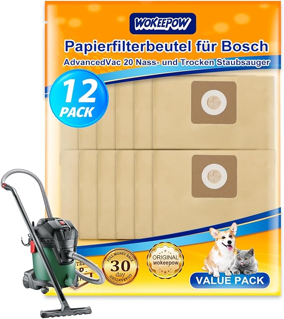 12 Paper Filter Bags for Bosch AdvancedVac 20 Bags Accessories Hochfeste Filterbeutel mit Mehrschichtpapier Staubfreie Entsorgung 2609256F33 Filter für Bosch Staubsauger AdvancedVac 20