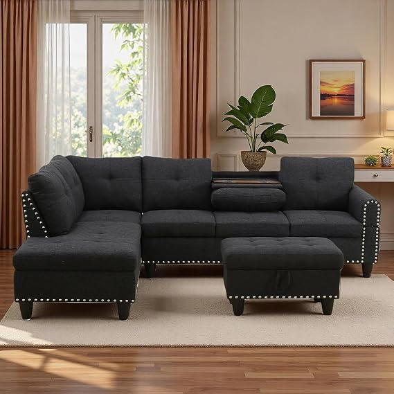 L-Shaped Sectional Sofa with Movable Chaise & Storage Ottoman, Comfortable 3-Piece Modular Convertible Couches for Living Room, Apartment & Office, Black Grey