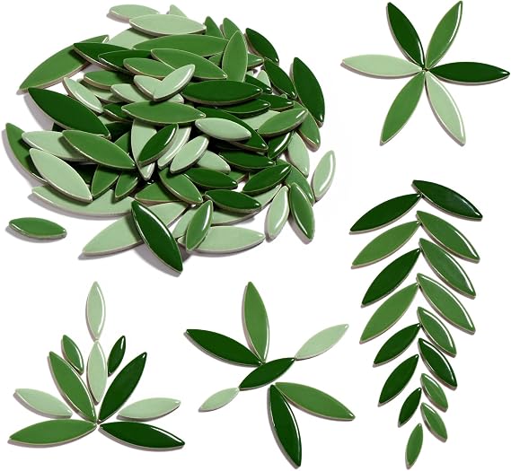 Yoption Petal Mosaic Tiles for Crafts, 200g Flower Leaf Ceramic Tiles Pieces for Mosaic Craft Supplies, DIY Outdoor Decor (Green Mix)