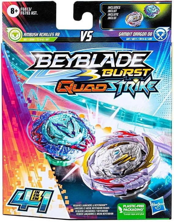 Beyblade Burst QuadStrike Gambit Dragon D8 and Ambush Achilles A8 Spinning Top Dual Pack, 2 Battling Game Top Toy for Kids Ages 8 and Up
