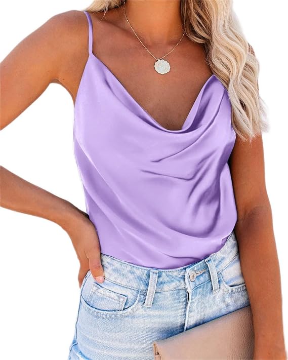 Ekouaer Satin Cowl Neck Tank Top Women Camisole Silky Loose Sleeveless Basic Blouse Ladies Satin Tank Shirt