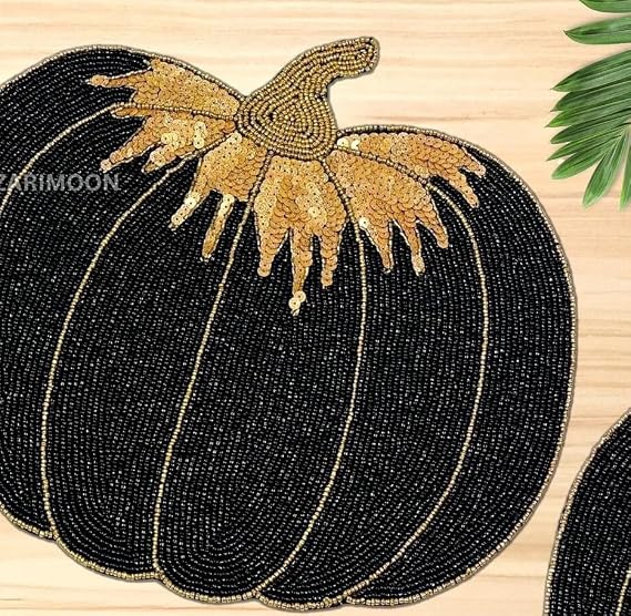 Set of Two Pumpkin Handmade Beaded placemat, Beaded Charger, Beaded Table mat, Black and Gold Centrepiece, Gift for her, Embroidered ZARIMOON