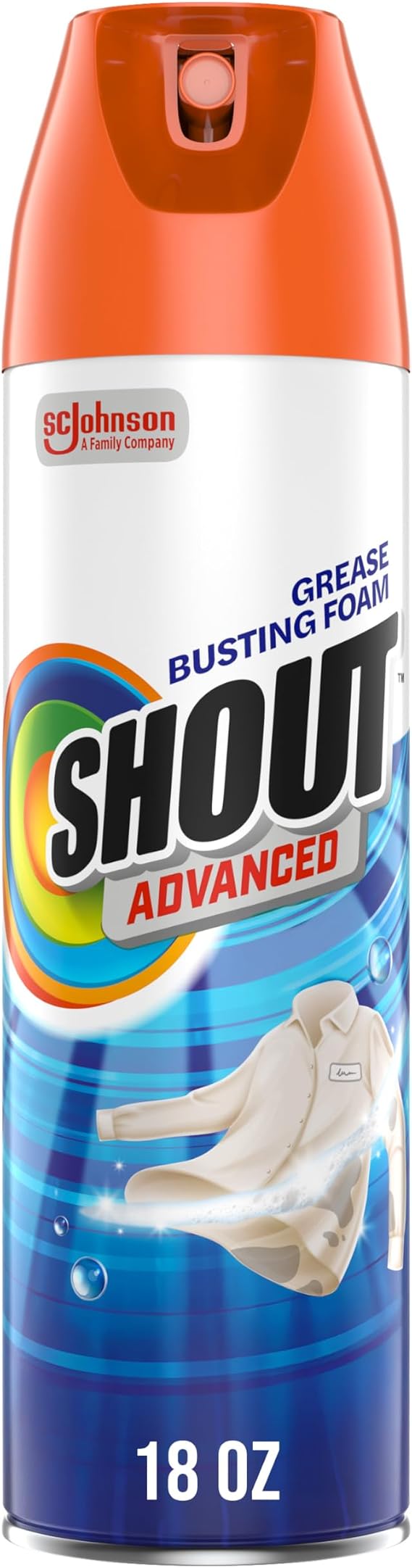 Shout Advanced Grease Busting Foam, Laundry Stain Remover, Oil and Grease Stain Remover for Clothes Laundry; Works on motor oil, bike grease, cooking oil, and more! 18oz Can