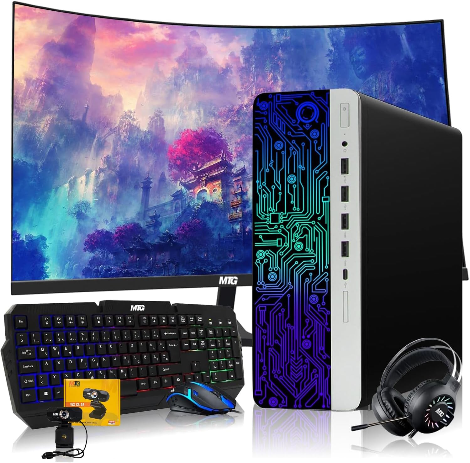 HP G3 RGB Computer PC Intel i5-6th Gen, AMD RX 550 Graphics, 32GB RAM, 1TB SSD  2TB HDD, MTG New 24 Inch Curved Monitor, RGB Kit, Webcam, Windows 11 Pro Renewed