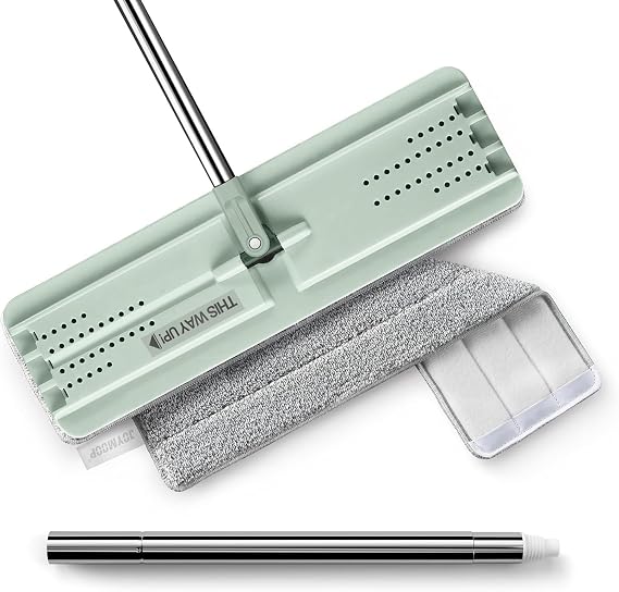 JOYMOOP Flat Mop Replacement Set, Microfiber Cleaning Head with 60" Handle and Flexible 15" Frame, Green, for Floor and Wall Cleaning