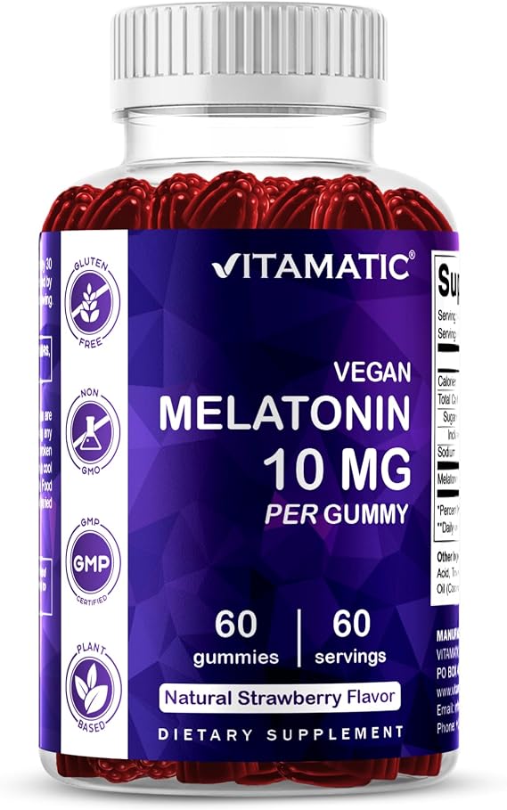 Vitamatic Melatonin 10 mg Gummies, Vegan, Strawberry, 60 Count