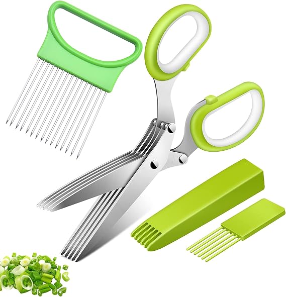 Kitchen Herb Scissors,5 Blade Herb Cutter,Shredding Scissors,Kitchen Herb Shears,Onion Slicer Holder,Stainless Steel Onion Chopper with Lid and Cleanup Brush for Chopping Basil,Chives,Oregano,Rosemary