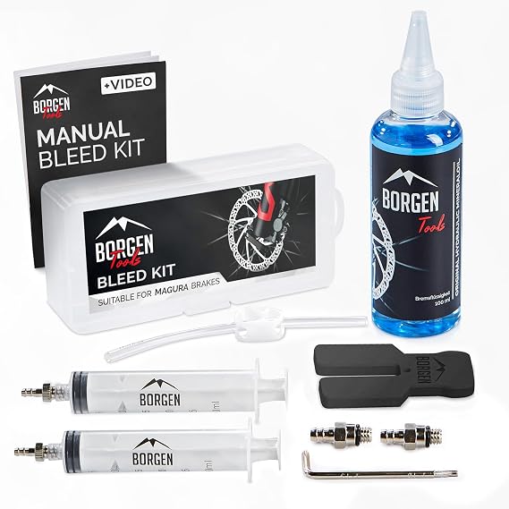Borgen Bike Brake Bleed Kit for Magura Hydraulic Disc Brakes I Bicycle Bleed Kit with 100ml (3.4oz) Hydraulic System Mineral Oil - Made in Germany. Step by Step Instructions and Video Manual