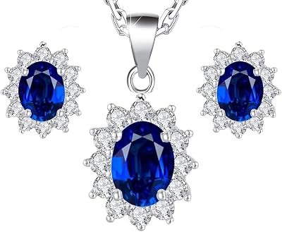 Crystalline Azuria Blue Simulated Sapphire Zirconia Crystals Ellipse Set Pendant Necklace 18 inches Earrings 18K White Gold Plated