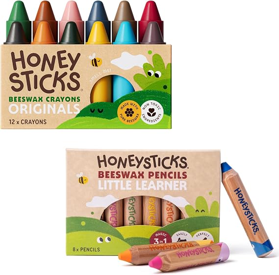 Honeysticks Beeswax Crayons (12 Pack) and Little Learners Jumbo Colored Pencils (8 Pack) Handmade in New Zealand with Natural Beeswax, Food-Grade Colors, Non-Toxic Eco-Friendly Art Set for Toddlers Ag