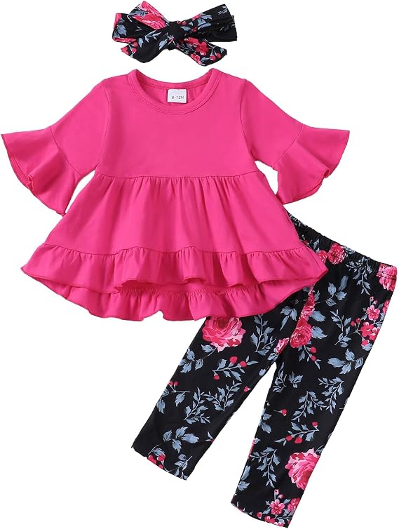 Kucnuzki Baby Toddler Girl Clothes Ruffle Top Pants Outfit Set 6M-4T