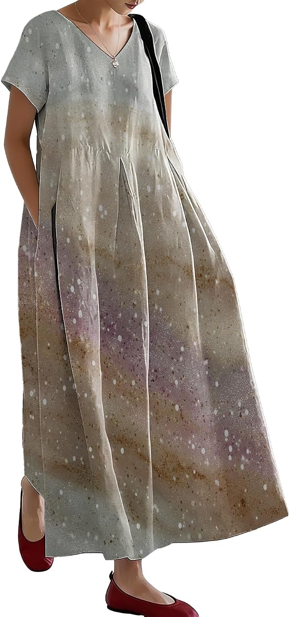 Summer Womens Maxi Dresses Floral Print Short Sleeve V Neck Flowy Casual Vacation Boho Dress with Pocket