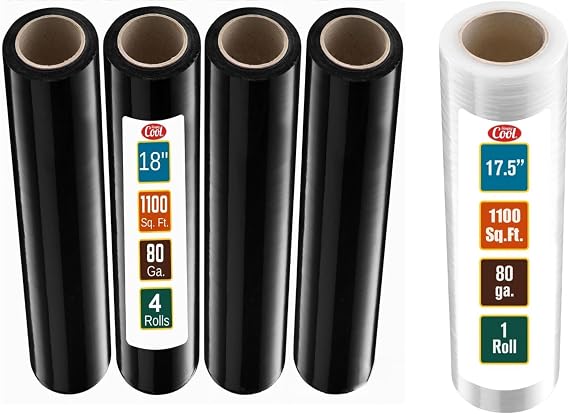 4 pack 18'' Black and 1 pack 17.5" Clear Stretch Wraps