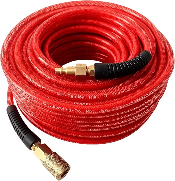 Air Hose 1/4 in x 100 ft, Polyurethane(PU), Reinforced Air Compressor Hose, Lightweight, Kink Resistant with 1/4 Industrial High Flow Quick Coupler and Plug, Bend Restrictors,300 PSI (Red, 100FT)