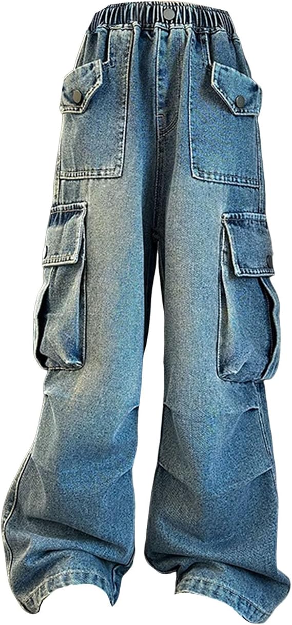 Girls Cargo Jeans Casual Straight Wide Leg Denim Pants Plus Size Baggy Fashion Washed Trousers for Teens with Multi Pockets