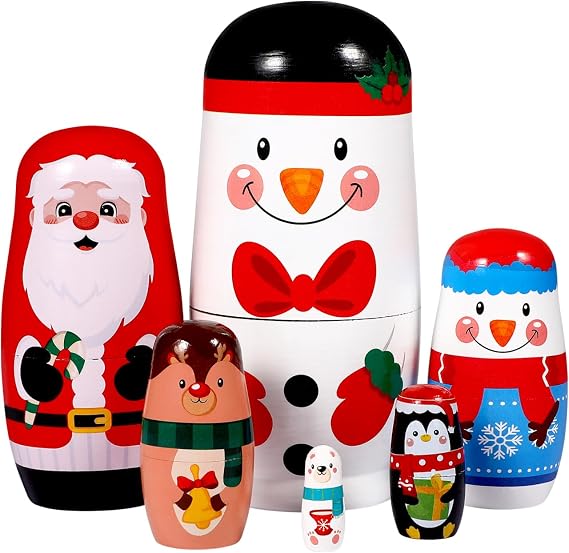 Ciieeo 6 Pcs Russian Christmas Nesting Dolls Wooden Handmade Matryoshka Nested Set Russian Stacking Dolls Toys for Christmas Snowman Santa Claus Theme Children Toddlers Birthday Party Favors
