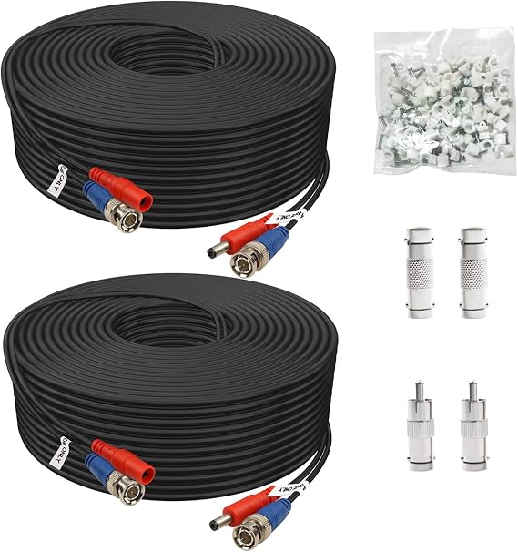 BNC Video Power Cable 2 Pack, 100ft Each, Black, Compatible with CCTV Camera DVR Security Systems (Included 4X BNC Adapters, 1 Bag Cable Clips)