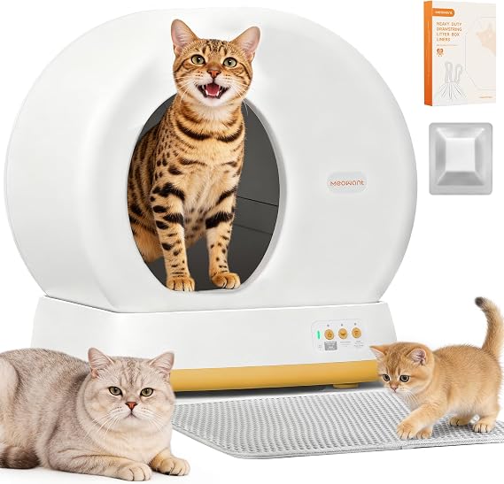 MeoWant Automatic Cat Litter Box,Extra Large Self Cleaning Litter Box for Multiple Cats, App Control, Odor Free, Safety Protection with Trash Bags, Yellow