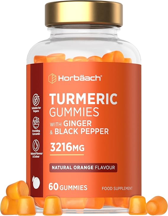 Turmeric Gummies with Black Pepper &amp; Ginger 3216mg | High Strength Curcumin Supplement | 60 Vegan Gummies | Natural Orange Flavour - Tablet Alternative | by Horbaach