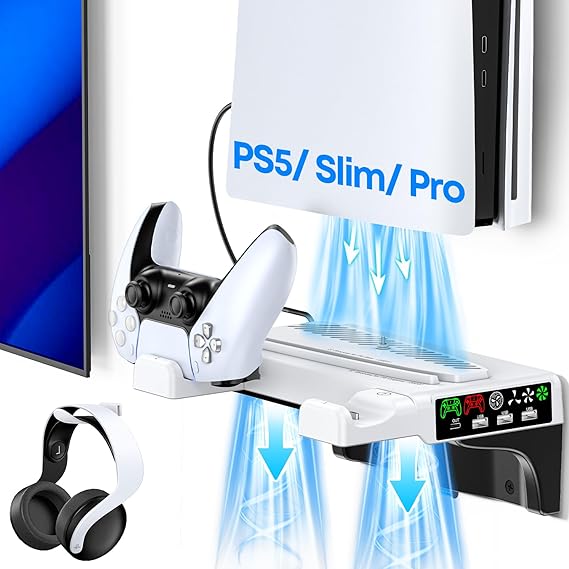 Tokluck PS5 Wall Mount Kit with Cooling Fan & Charging Station, PS5 Shelf Floating Mount for PlayStation 5/Slim/Pro Disc & Digital Console, PS 5 Wall Bracket Behind TV, PS Five Pro Accessories