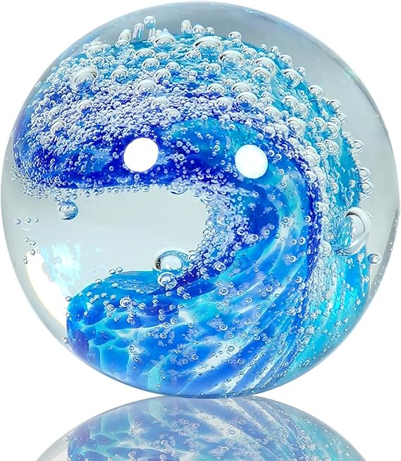 Hand Blown Glass Decorative Balls:Unique Ocean Wave Design, Elegant Paperweights for Office Desk, Coastal Room Decor, Beach Bathroom Decor, Sea Glass Art, Ocean Gift Idea (Blue)