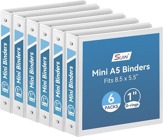 SUIN Mini 3 Ring Binder A5 Size 5.5"x8.5", 1" Round Ring 200 Sheet Capacity, Bulk 6 Pack White Binders for School Office