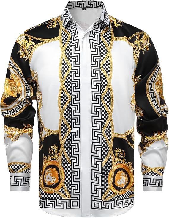 Mens Luxury Brand Print Silk Satin Design Button Down Dress Shirt | Long Sleeve Slim Fit Floral Designer Mexico Cowboy Baroque Flashy Casual Shirts Formal Business Prom Party Wedding Nightclub