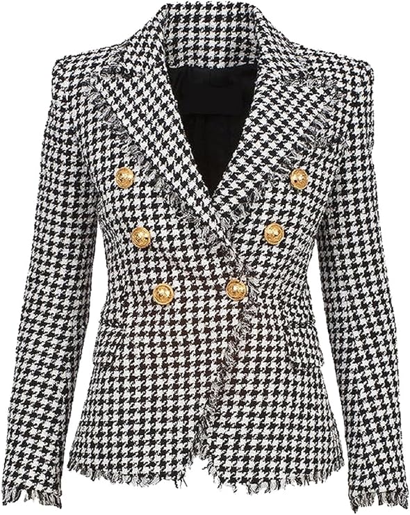 Womens Houndstooth Tweed Coat Fitted Fringe Tassel Classic Vintage Blazer Jacket Elegant Double Breasted Casual Prom