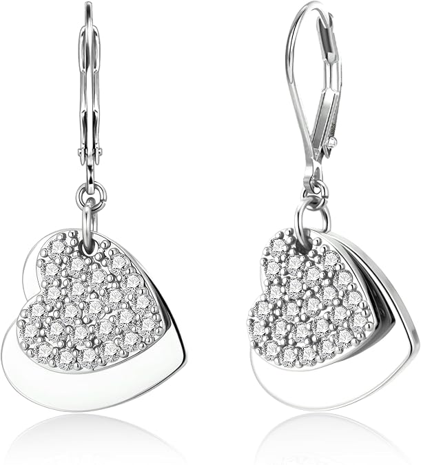 Silver Heart Earrings for Women 14K Gold Plated Love Heart Dangle Earrings Drop Hypoallergenic Leverback Huggie Hoop Earrings for Women Trendy