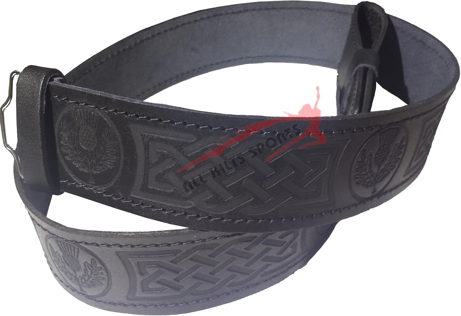 Scottish Highlander Black Leather Embossed Thistle Kilt Belt