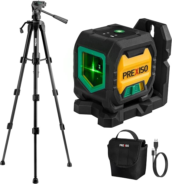 PREXISO Laser Level with 47 Inch Tripod, IP54 Rechargeable 65Ft Green Laser | 3 Brightness Mode, Self Leveling Cross Line Laser, Light Indicator, Lazer Leveler Tool for Picture Hanging, Home Renovation