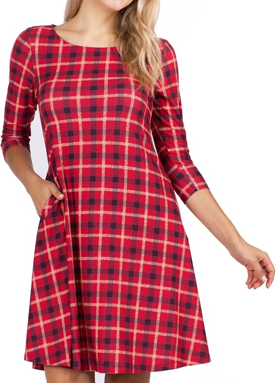 Womens Printed Crew Neck A-Line Dresses with Pockets Casual Tropical Floral Novelty Animal Christmas Patterns