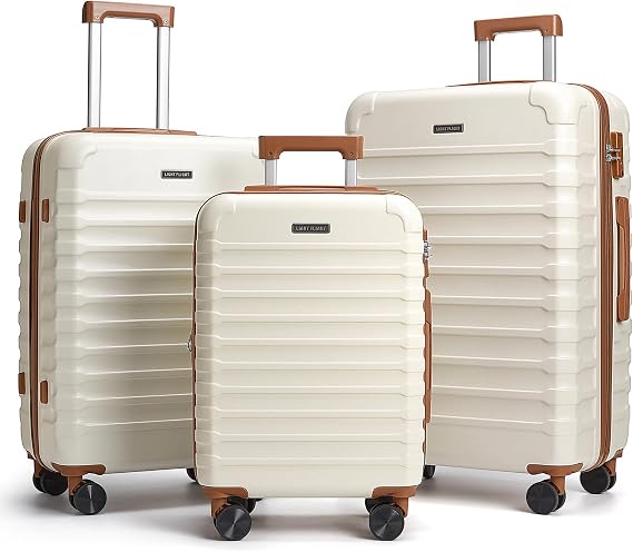 LIGHT FLIGHT Luggage Sets 3 Pcs Suitcase with Wheels,20"/24"/28", White | Durable Suitcase Set with Spinner Wheels,3 Piece Hard Shell Lightweight Luggage with TSA Lock, Large Checked Travel Suitcases